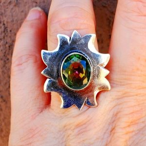 New Unique Mystic Topaz 925 Silver Sun Ring.